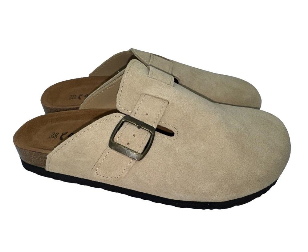 Boston Buckle Clogs W7 M5 Apricot Leather Suede Slip On Mule Cream Neutral NWOT
